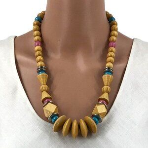 Boho Beaded Necklace Wood Beads Blue Pink Brown 24 Inch Length